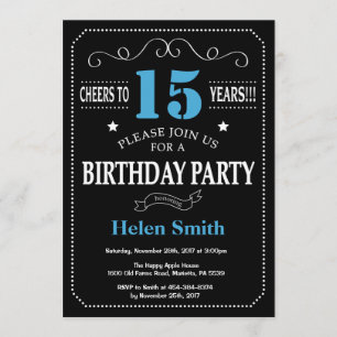 15e anniversaire Invitation Tableau noir et bleu