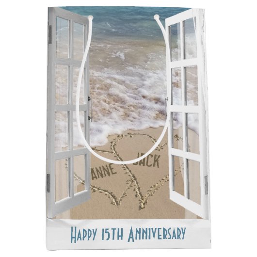 15e Anniversaire Plage Coeurs Moyen Cadeau Sac (Devant)