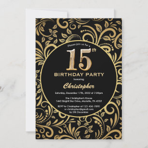 15e Birthday Black en Gold Floral Pattern Kaart