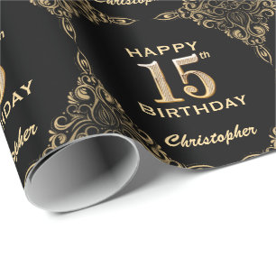 15e Birthday Black en Gold Glitter Lijst Cadeaupapier