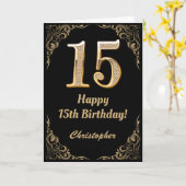 15e Birthday Black en Gold Glitter Lijst Kaart (Gele Bloem)