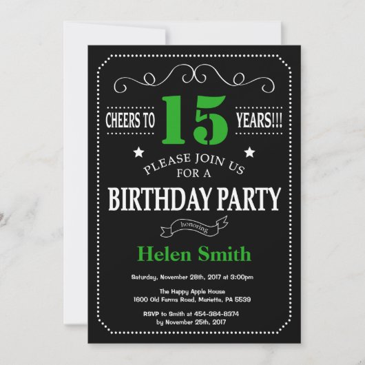 15e Birthday Black en Green Chalkboard Kaart (Voorkant)