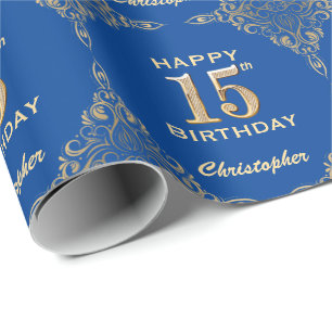 15e Birthday Blue en Gold Glitter Lijst Cadeaupapier
