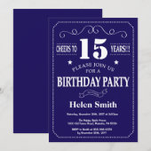15e Birthday Invitation Navy Blue en White Kaart (Voorkant / Achterkant)