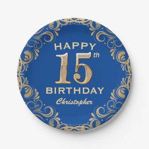 15e Birthday Party Blue en Gold Glitter Lijst Papieren Bordje