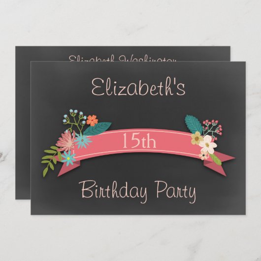 15e Birthday Pink Banner Flowers Chalkboard Kaart (Voorkant / Achterkant)