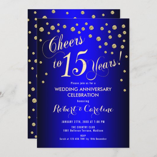 15e bruiloft Jubileum - Royal Blue & Gold Kaart (Voorkant / Achterkant)