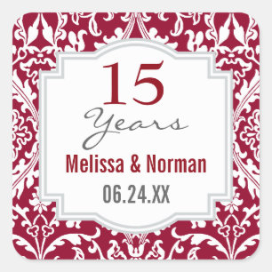 15e bruiloft Jubileum Ruby Red Damask A04A Vierkante Sticker