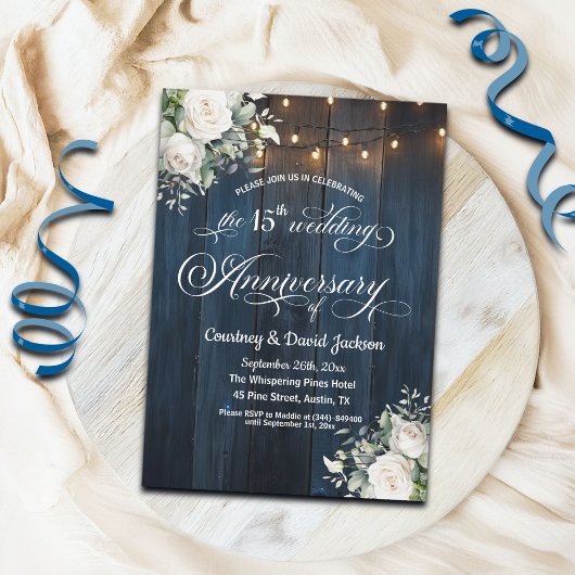 15e bruiloft Jubileum Rustiek Blauw String Lichten Kaart