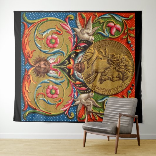 15e-eeuwse druk Caesarvogels bloemen enz. Wandkleed (In Situ (horizontaal))