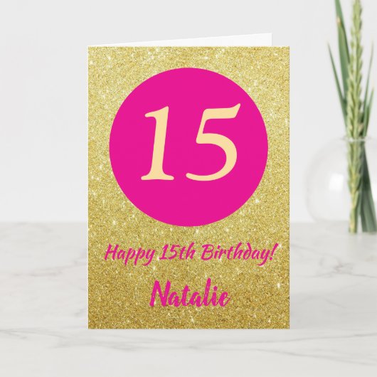 15e Happy Birthday Hot Pink en Gold Glitter Kaart (Voorkant)