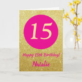 15e Happy Birthday Hot Pink en Gold Glitter Kaart (Gele Bloem)