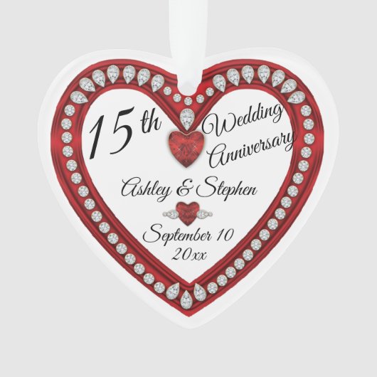 15e Jubileum voor bruiloft Ruby Diamonds Keepslag Ornament (voorkant)