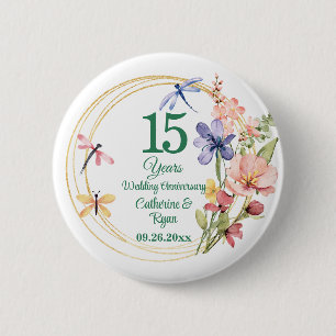15e Kristallen Huwelijksjubileum Gouden Frame Bloe Ronde Button 5,7 Cm