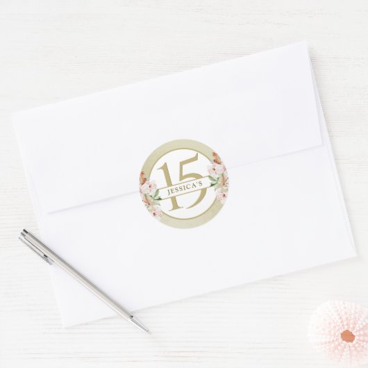 15e (of andere) verjaardag, Champagne Gold Floral Ronde Sticker (Envelop)