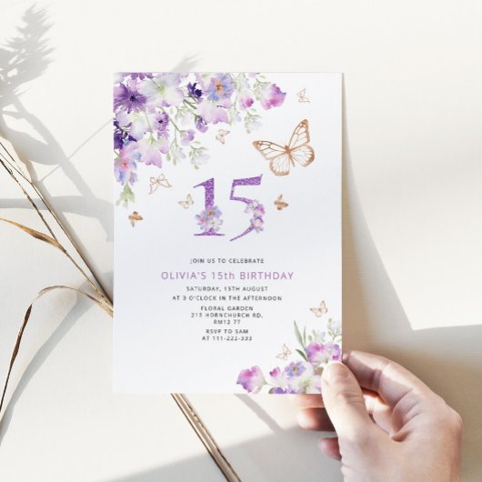 15e Paarse Lila Butterflies verjaardag Kaart