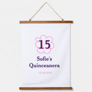 15e Quinceanera Happy Birthday Roze paarse datum Hangend Wandkleed