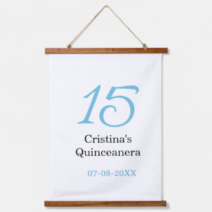 15e quinceanera verjaardag blauw zwart vet letter hangend wandkleed