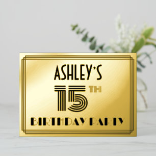15e verjaardag — Art Deco Style "15" en naam Folie Uitnodiging
