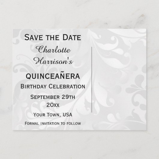 15e Verjaardag Damask en Faux Bow Save The Date Aankondigingskaart (Achterkant)