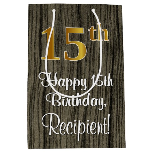 15e verjaardag: Elegant Faux Gold Look #, Faux Woo Medium Cadeauzakje (Voorkant)