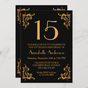 15e verjaardag Elegant Gold Black  Retro Kaart