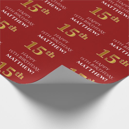 15e verjaardag: Elegant, Rood, Faux Gold Look Cadeaupapier (Hoek)