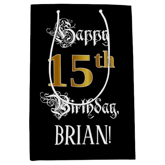 15e verjaardag ~ Fancy script; Faux Gold look; naa Medium Cadeauzakje (Voorkant)