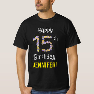 15e verjaardag: Floral Flowers Number "15" + naam T-shirt