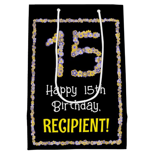 15e verjaardag: Floral Flowers Number, Custom Name Medium Cadeauzakje (Achterkant)