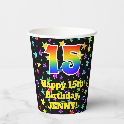 15e verjaardag: Fun Stars Pattern en Rainbow 15 Papieren Bekers (Achterkant)