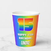 15e verjaardag: kleurrijk, vun regenboogpatroon # papieren bekers (Achterkant)