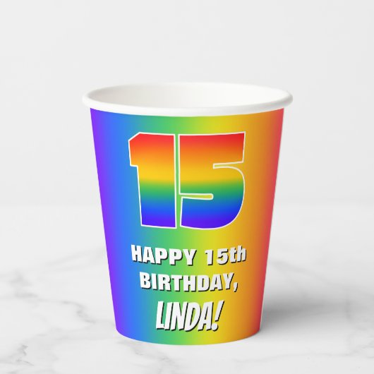 15e verjaardag: kleurrijk, vun regenboogpatroon #  papieren bekers (Achterkant)