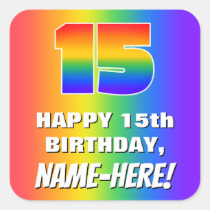 15e verjaardag: kleurrijk, vun regenboogpatroon # vierkante sticker
