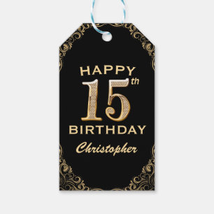 15e verjaardag Lijst voor zwarte en goudglitter Cadeaulabel