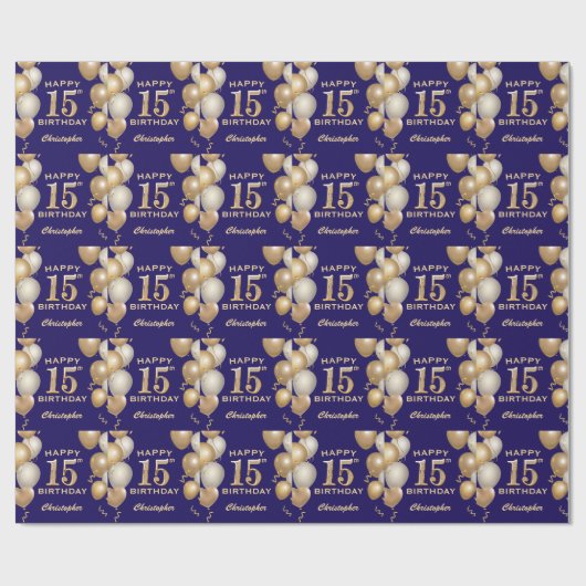 15e verjaardag marineblauw en goudballonnen cadeaupapier (Vlak)
