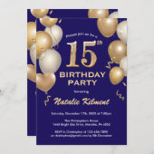 15e verjaardag marineblauw en goudballonnen kaart (Voorkant / Achterkant)