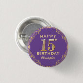 15e verjaardag Paars en goudglitter Lijst Ronde Button 3,2 Cm (Voorkant /achterkant)