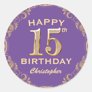 15e verjaardag Paars en goudglitter Lijst Ronde Sticker