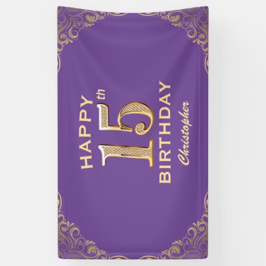 15e verjaardag Paars en goudglitter Lijst Spandoek (Verticaal)