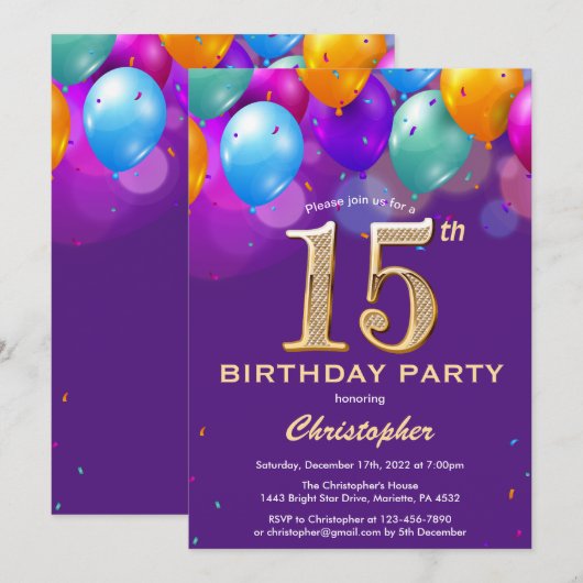 15e verjaardag Paarse en goudkleurige ballonnen Kaart (Voorkant / Achterkant)