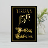 15e verjaardag Partij — Fancy Manuscript & Naam va Folie Uitnodiging (Staand Voorkant)