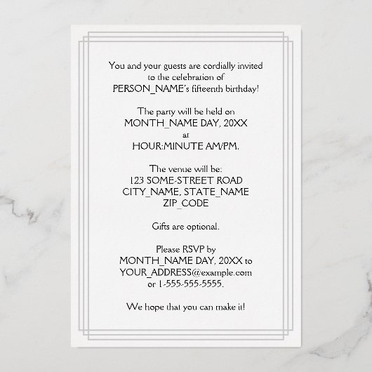 15e verjaardag Partij — Fancy Manuscript & Naam va Folie Uitnodiging (Achterkant)