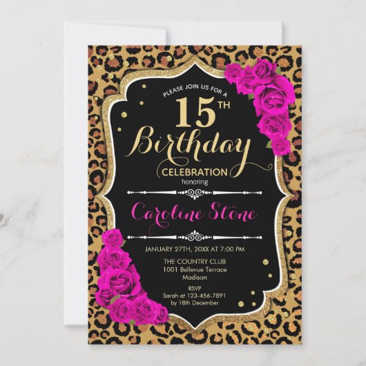 15e verjaardag - Pink Roses Leopard Print Kaart (Voorkant)