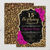 15e verjaardag - Pink Roses Leopard Print Kaart (Voorkant / Achterkant)