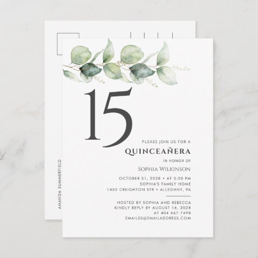 15e verjaardag Quinceanera Eucalyptus Leaves Uitnodiging Briefkaart (Voorkant / Achterkant)