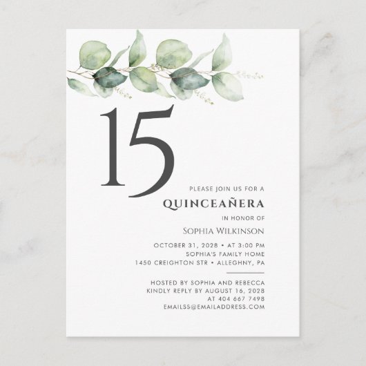 15e verjaardag Quinceanera Eucalyptus Leaves Uitnodiging Briefkaart (Voorkant)