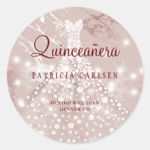 15e verjaardag quinceanera roze gouden jurk glinst ronde sticker