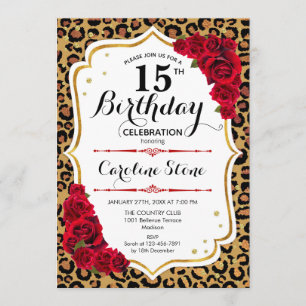 15e verjaardag - Red Gold Leopard Print Kaart