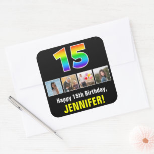 15e verjaardag: Regenboog "15"; Aangepaste foto's  Vierkante Sticker